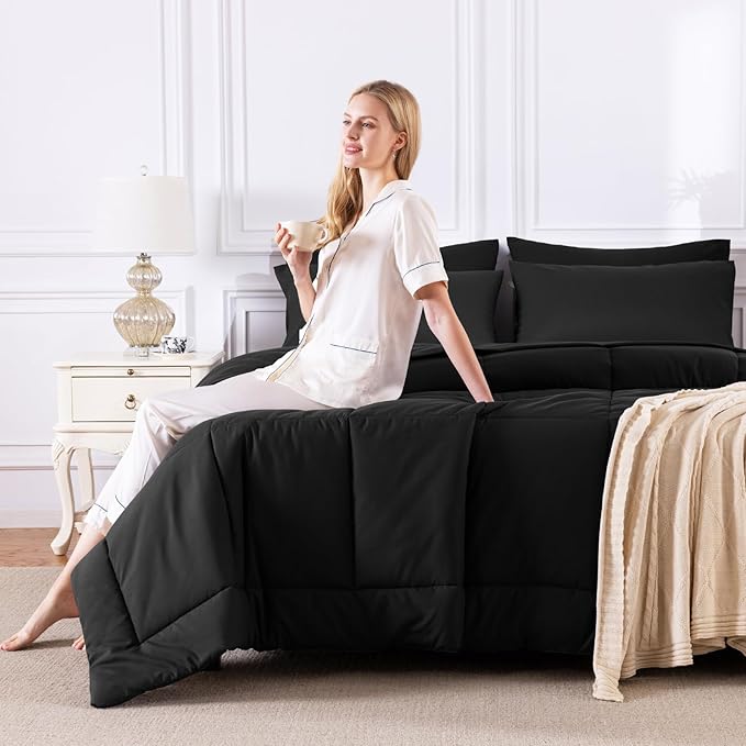 CozyLux California King Comforter Sets Black, 7 Pieces Cal King Bed in a Bag - Image 7