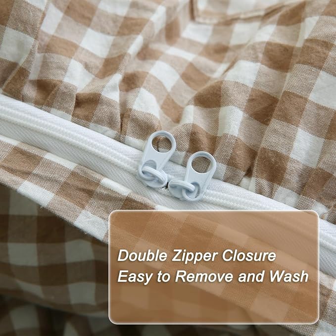 Silnuo Taupe/White Plaid Ruffle Duvet Cover King Size, 100% Washed Cotton 3 Pcs - Image 5