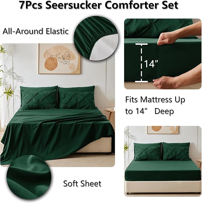 CozyLux Queen Comforter Set Emerald Green, 7 Pieces Pintuck Bed in A Bag - Image 6