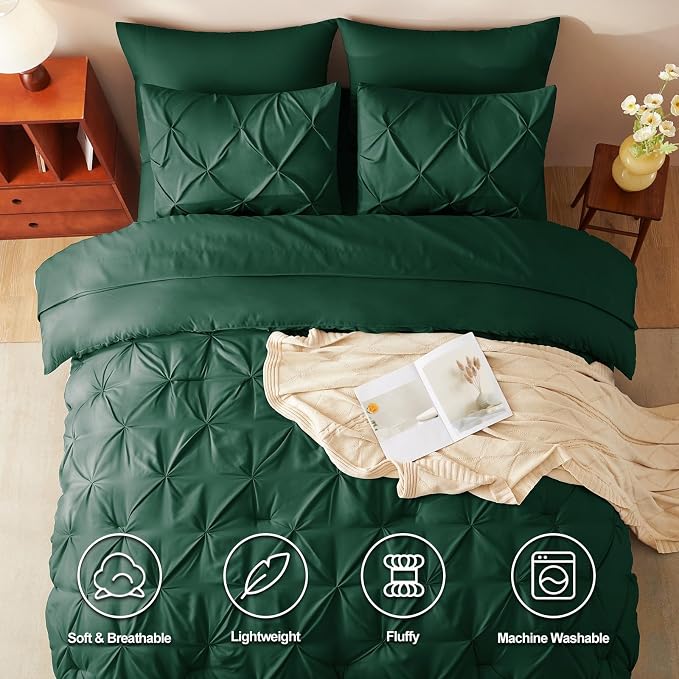 CozyLux Queen Comforter Set Emerald Green, 7 Pieces Pintuck Bed in A Bag - Image 2
