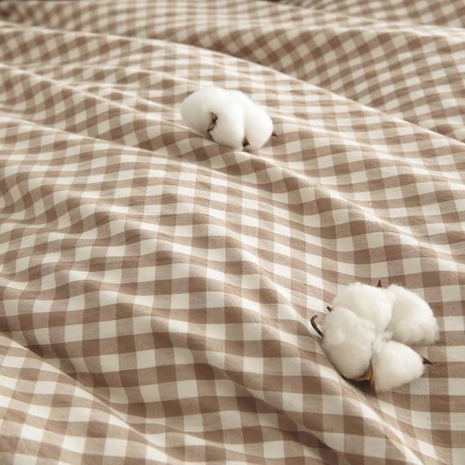 Nayoroom Gingham Duvet Cover Twin Size 100% Washed Cotton Brown Tan Plaid - Image 5