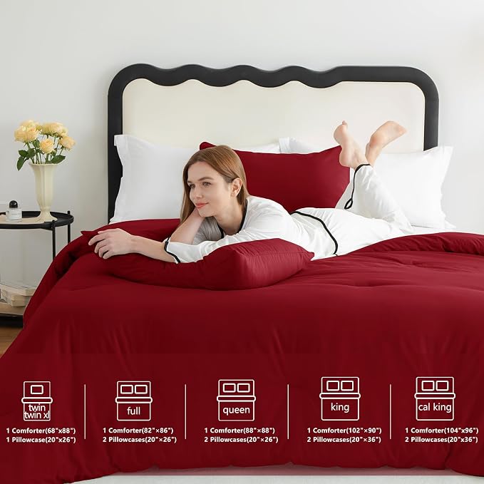CozyLux King Size Comforter Set Dark Red, 3 Pieces Solid Comforters King Size - Image 7