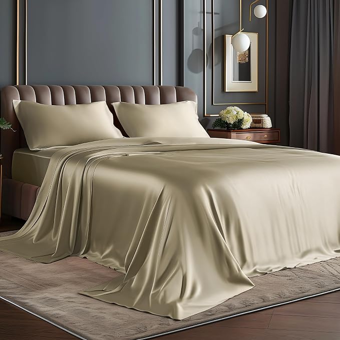 BEDELITE Satin Sheets Queen Size Bed Set, Luxury Soft Taupe Silky Sheets by BEDELITE