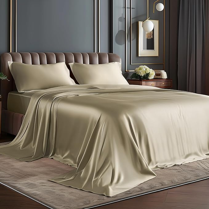BEDELITE King Size Sheets Set, Luxury Soft Taupe Satin Sheets by BEDELITE