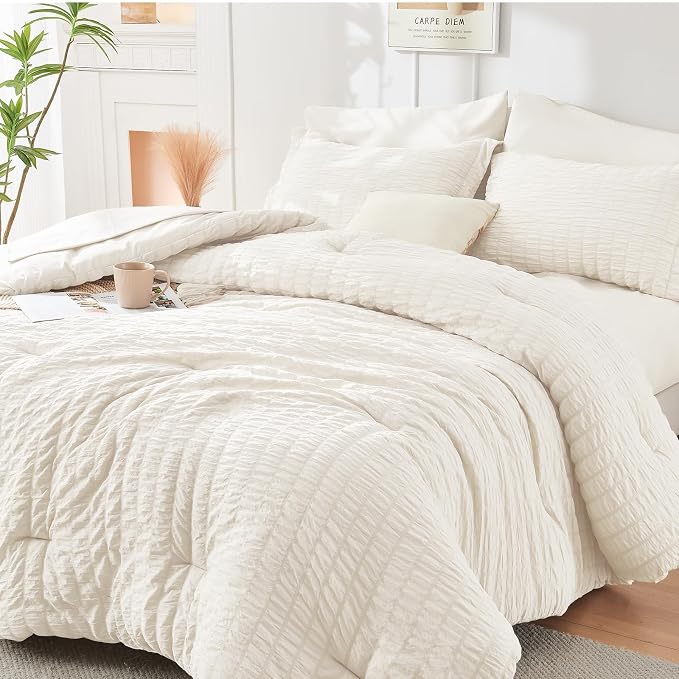 HYMOKEGE Ivory Queen Comforter Set Seersucker 7 Pieces, All Season Luxury Bed by HYMOKEGE