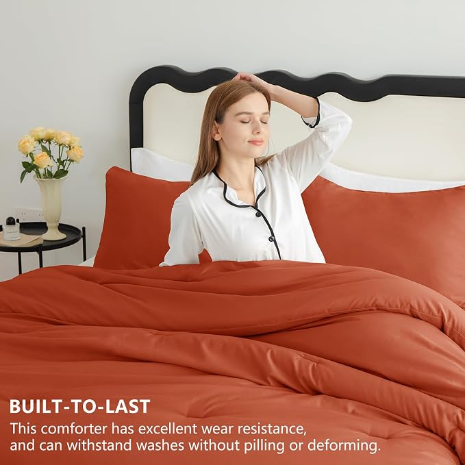 CozyLux Full Size Comforter Set Terracotta, 3 Pieces Burnt Orange Rust Solid - Image 2