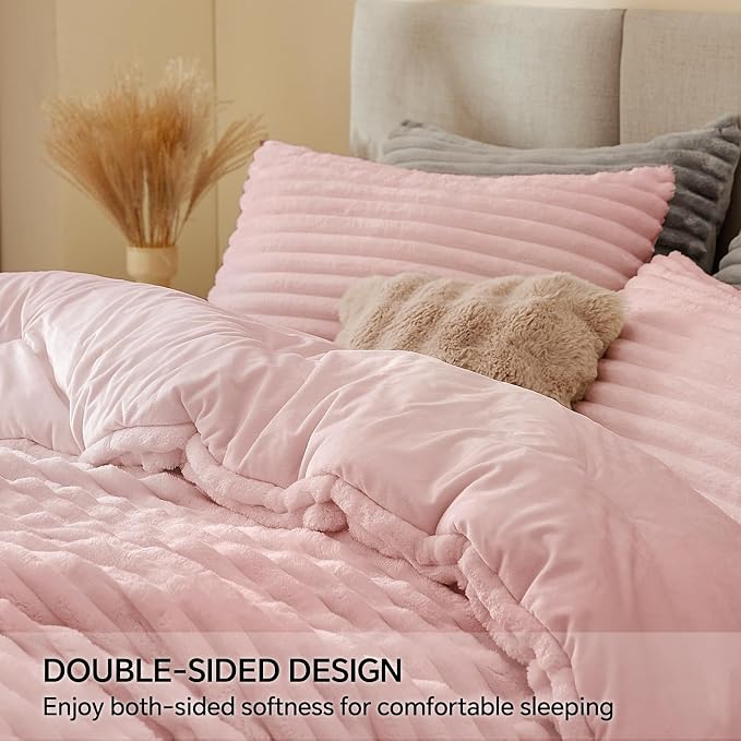 BEDELITE Fleece California King Comforter Set -Super Soft & Warm Fluffy Pink - Image 4