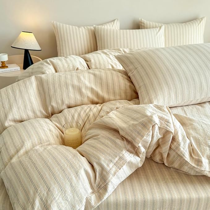 Nayoroom Striped Duvet Cover Queen Size 100% Washed Cotton Beige Duvet Cover - Image 5