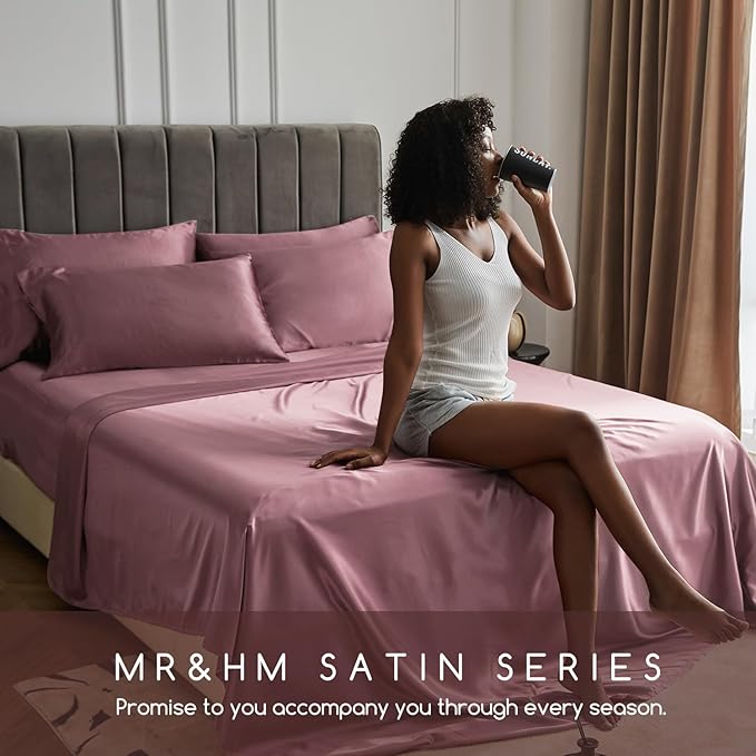 MR&HM Satin Bed Sheets Set, Twin XL, Rose Taupe, 600 Thread Count, 15 Inches - Image 6
