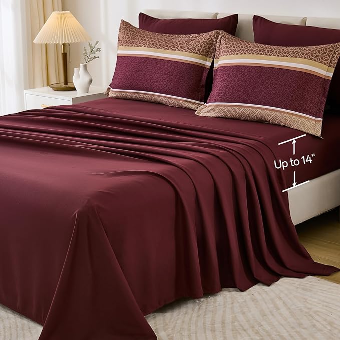 WONGS BEDDING Burgundy Comforter Set Queen Size, 7 Pieces Maroon Striped Bed in - Image 6
