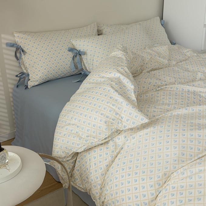 mixinni Blue Floral Duvet Cover Twin Size- 3 Piece Cottagecore Bedding Set by mixinni