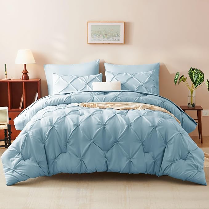 HIMEET Pintuck Bed in a Bag, 7 Pieces King Size Comforter Set Light Blue - Image 9