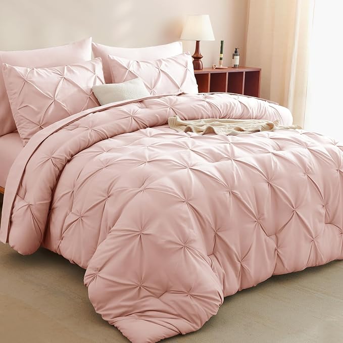 CozyLux Queen Comforter Set Blush Pink, 7 Pieces Pintuck Bed in A Bag, Premium by CozyLux