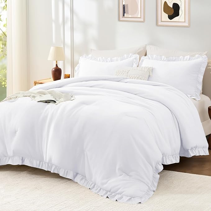 FUANNA King Size Comforter Set White, 3 Pieces Ruffle King Bedding Set by FUANNA