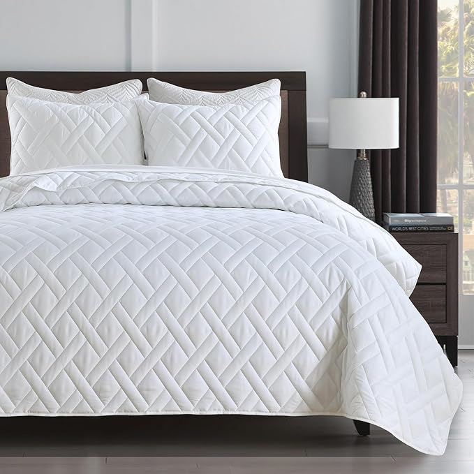 HORIMOTE HOME Quilt Set Queen Size White, Classic Geometric Diamond Stitched by HORIMOTEHOME