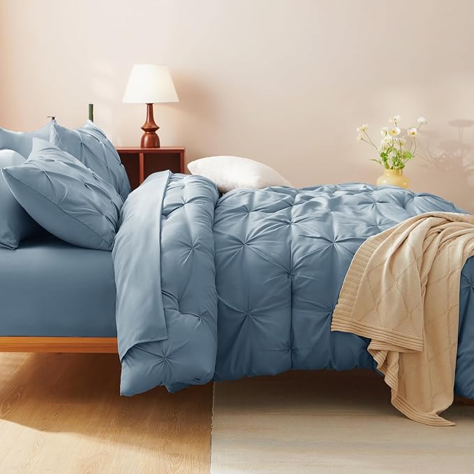 CozyLux California King Comforter Set Mineral Blue, 7 Pieces Cal King Pintuck - Image 9