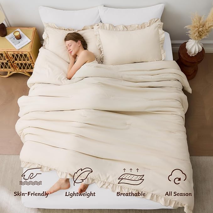 FUANNA King Size Comforter Set Beige, 3 Pieces Ruffle King Bedding Set - Image 4