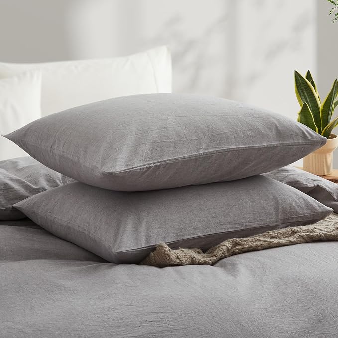 LOVQUE Light Grey Duvet Cover Full Size, 100% Washed Cotton Linen Like Bedding - Image 3