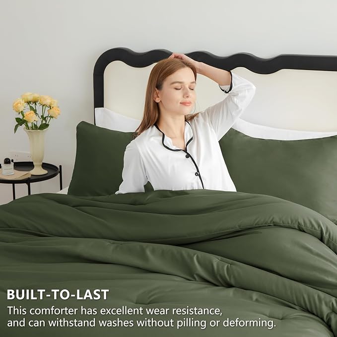 CozyLux Full Size Comforter Set Olive Green, 3 Pieces Solid Breathable Quilted - Image 3