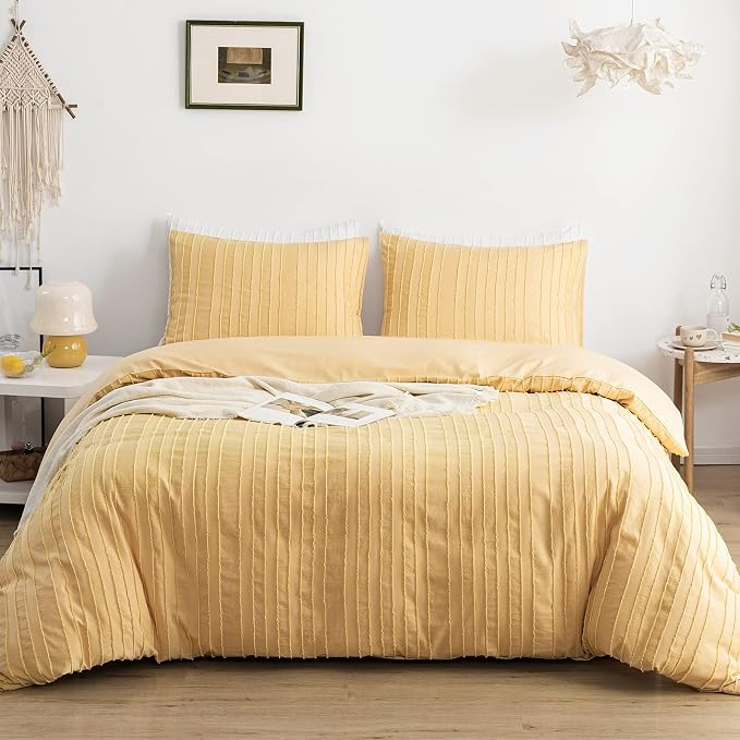 WARMDERN Yellow Boho Duvet Cover Set Queen Size, Striped Textured Duvet Cover by WARMDERN
