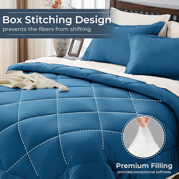 HEVUMYI Teal Blue & Ivory Queen Comforter Set - Image 4