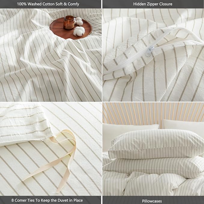 Nayoroom Striped Duvet Cover King Size 100% Washed Cotton White Brown Stripe - Image 6