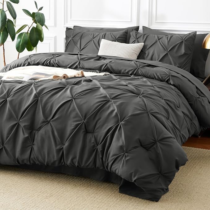 CozyLux Queen Comforter Set Dark Grey, 7 Pieces Pintuck Bed in A Bag, Premium by CozyLux