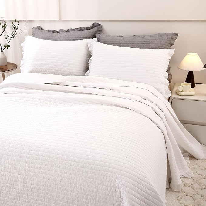 ROOMLIFE Quilt Set King Size 3D Floral Embroidery Pattern 3-Piece Cotton by ROOMLIFE
