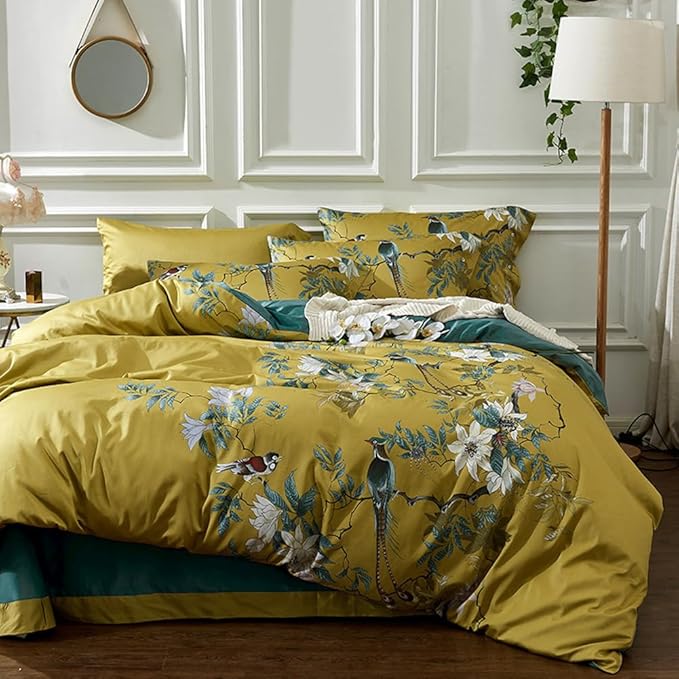 mixinni Duvet Cover California King Size Floral Bird Pattern Cotton Duvet Cover by mixinni