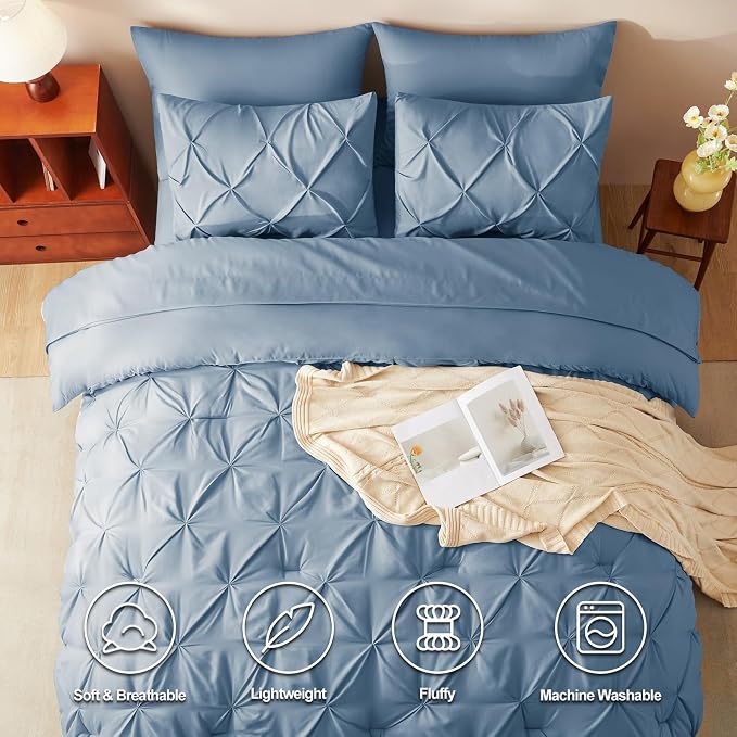 HIMEET Pintuck Bed in a Bag, 7 Pieces Queen Size Comforter Set Grayish Blue - Image 2