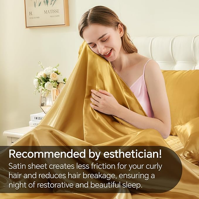 BEDELITE Satin Sheets Queen Size Bed Set, Luxury Soft Gold Silky Sheets - Image 4