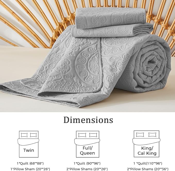 WURUIBO Light Gray Quilt Set Twin Size, Embossing Microfiber Bedspreads - Image 6