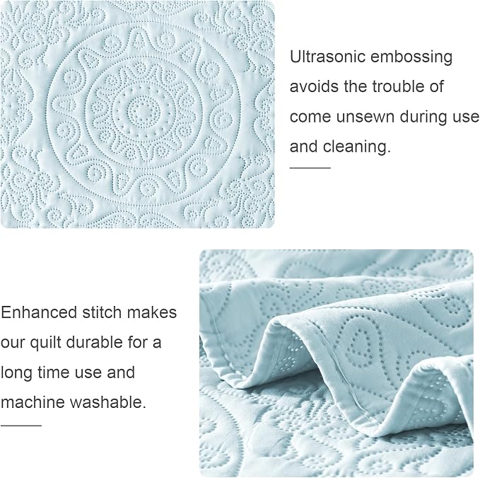WURUIBO Sky Blue Quilt Set Twin Size, Embossing Microfiber Bedspreads - Image 4
