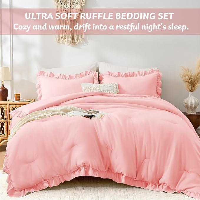 FUANNA Twin Comforter Set Pink, 2 Pieces Ruffle Twin Bed Set, Fluffy Twin - Image 5