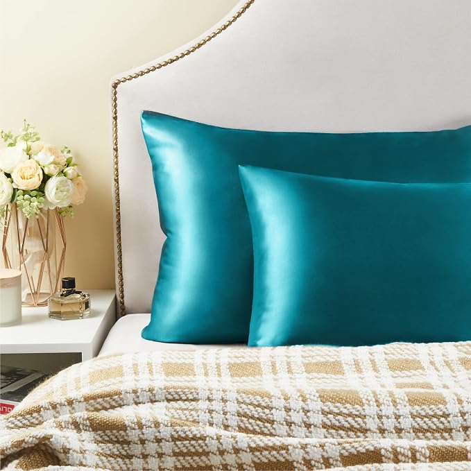 BEDELITE Satin Pillowcase with Zipper, Teal King Size Pillow Cases Set of 2 - Image 6