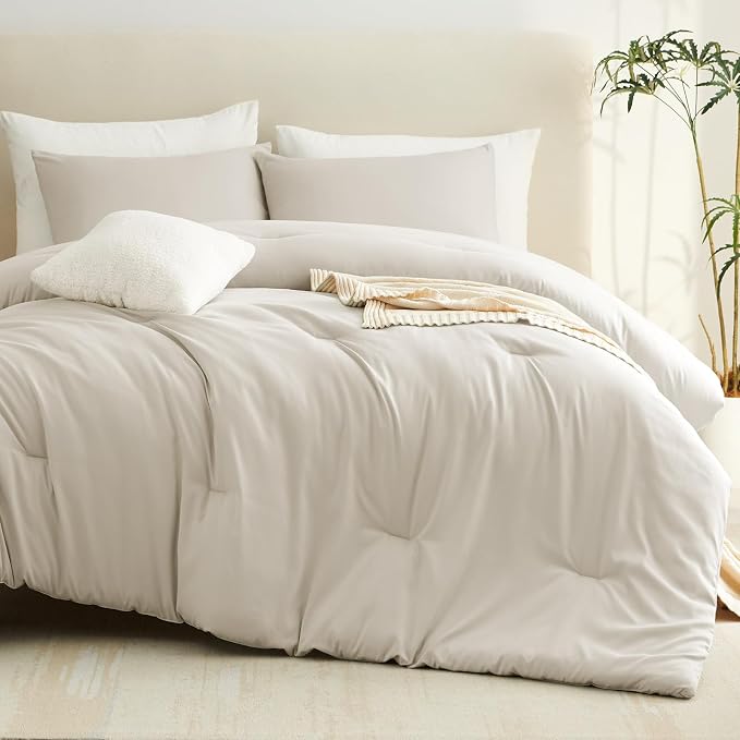 CozyLux Full Size Comforter Set Oatmeal, 3 Pieces Solid Breathable Quilted - Image 7