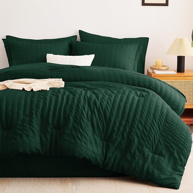 CozyLux Oversized King Comforter Set Emerald Green Seersucker 7 Pieces 120x98 - Image 9