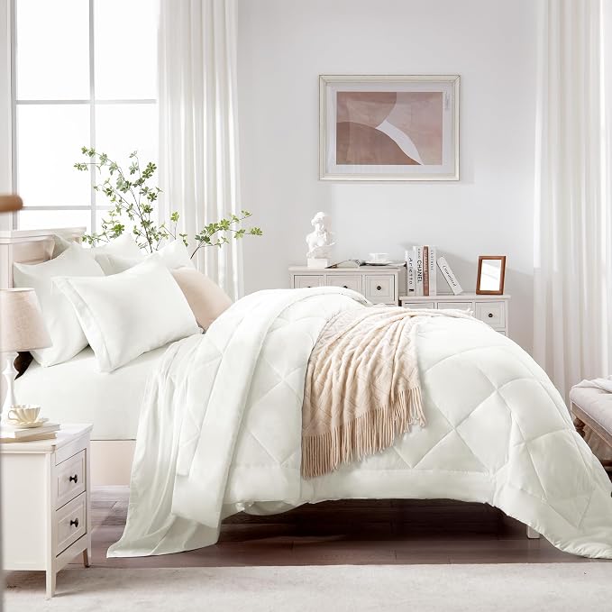 Love's cabin Queen Comforter Set Ivory, 7 Pieces Queen Bed in a Bag, All Season - Image 3