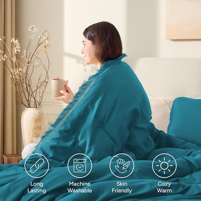 Andency Turquoise Comforter Twin Size, 2 Pieces Boho Teal Tassel Lightweight - Image 4