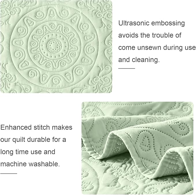 WURUIBO Light Green Quilt Set King/Cal King Size, Embossing Microfiber - Image 5