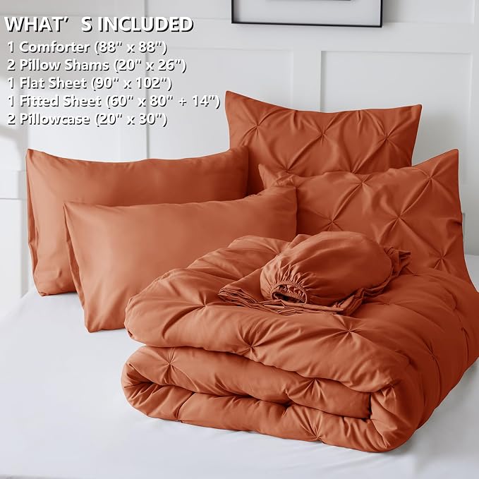 CozyLux Queen Comforter Set Burnt Orange, 7 Pieces Pintuck Bed in A Bag Premium - Image 7