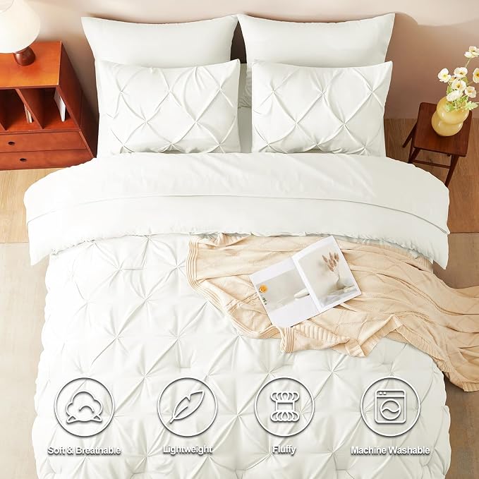 CozyLux King Size Comforter Set Ivory, 7 Pieces Pintuck Bed in A Bag Ivory - Image 2