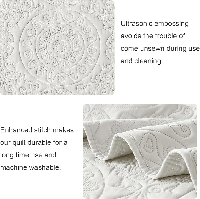 WURUIBO Cream White Quilt Set Twin Size, Embossing Microfiber Bedspreads - Image 8