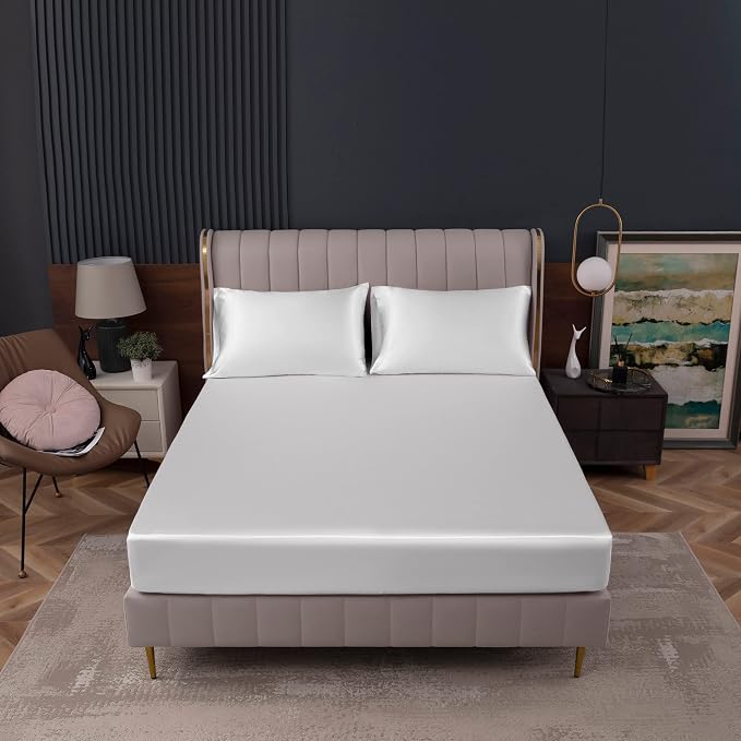 Homiest White Satin Fitted Sheet King Size, Deep Pocket, Luxury & Ultra Soft - Image 2