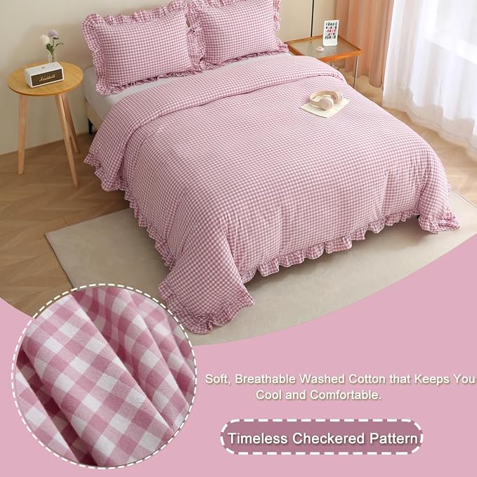 Silnuo Vintage Pink/White Plaid Ruffle 3-Piece Duvet Cover Set King Size - Image 2