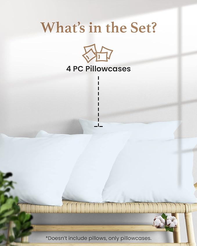 Set of 4 Pillow Cases King, 800 TC 100% Egyptian Cotton, Silky Soft Sateen - Image 2