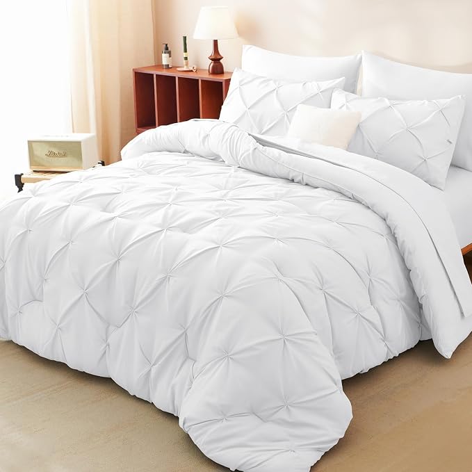 HIMEET Pintuck Bed in a Bag, 7 Pieces Queen Size Comforter Set White, Luxury - Image 8