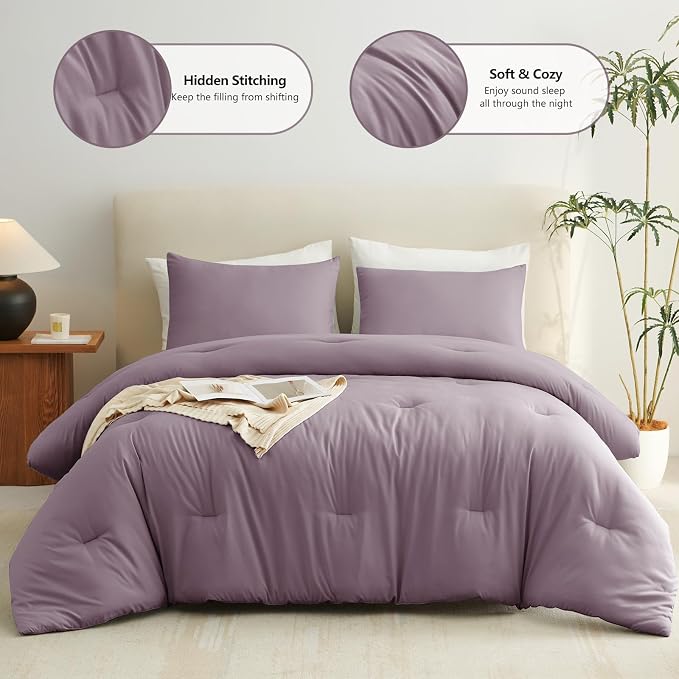 CozyLux Full Size Comforter Set Dusty Purple, 3 Pieces Solid Breathable Bedding - Image 2