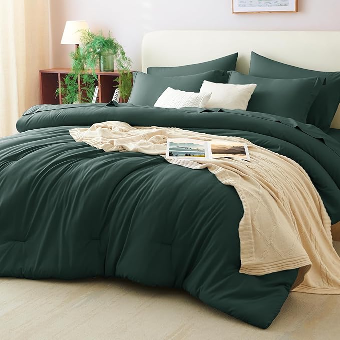 CozyLux Queen Comforter Set Forest Green, 7 Pieces Bed in a Bag Queen Comforter by CozyLux