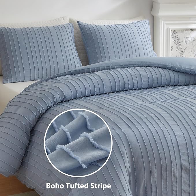 WARMDERN Blue Boho Duvet Cover King Size, Striped Textured Duvet Cover Set - Image 2